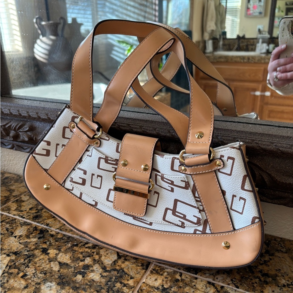 Guess Y2K Monogram Shoulder‎ Bag Tan Brown Logo 2000s Purse